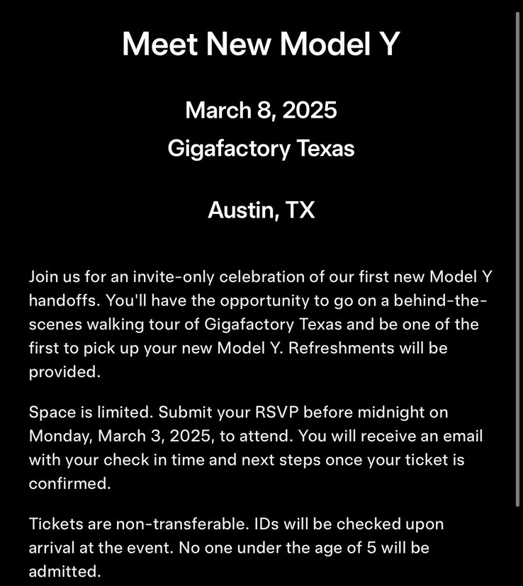 La invitación para la fecha de lanzamiento de la actualización del modelo Y Juniper para Giga Texas