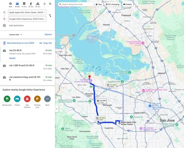 Los 16 km entre Apple y Google pueden recorrerse en coche en poco tiempo.