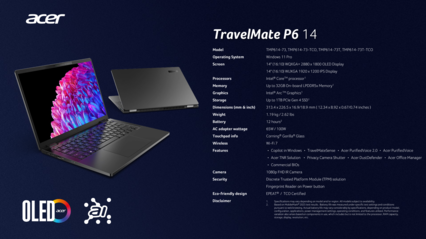 Acer TravelMate P6 14: Especificaciones. (Fuente de la imagen: Acer)