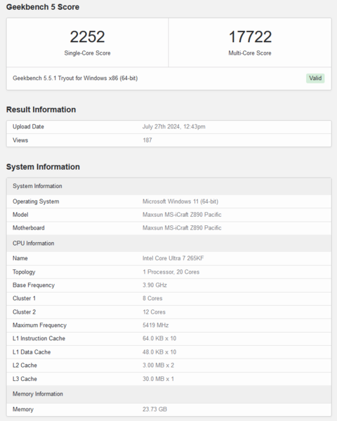 Puntuación de Intel Core Ultra 7 265KF en Geekbench 5.5 (fuente de la imagen: Geekbench)