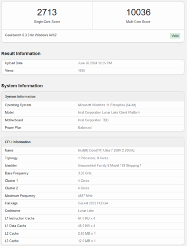 Puntuación de Intel Core Ultra 7 268V en Geekbench (imagen vía Geekbench)