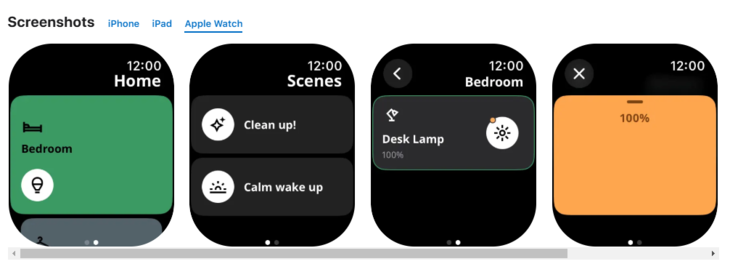 Capturas de pantalla de la nueva aplicación IKEA Home Smart para Apple Watch. (Fuente de la imagen: Apple App Store)