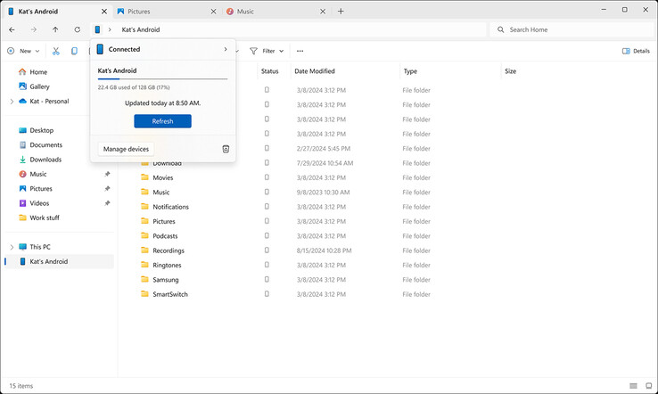 Gestión del teléfono Android a través del Explorador de archivos en Windows 11 (Fuente de la imagen: Microsoft)