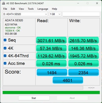 Comprobación del rendimiento con el ADATA SE920 a través de USB4