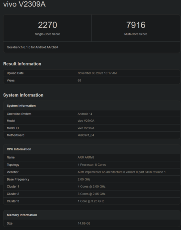 Puntuación del Vivo X100 en uno y varios núcleos (imagen vía Geekbench)