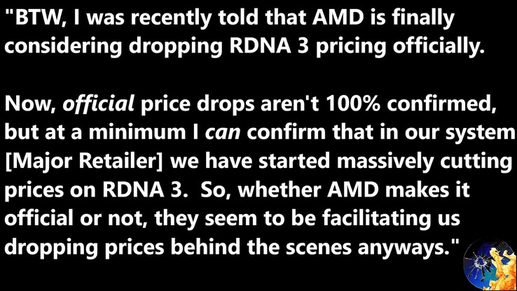 Filtración del recorte de precios del AMD RDNA 3. (Fuente de la imagen: Moore's Law Is Dead en YouTube)