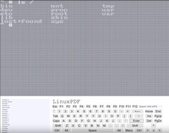 Captura de pantalla de la consola de LinuxPDF ejecutando el comando &#039;ls&#039; mientras se ejecuta Linux dentro de un archivo PDF. (Fuente de la imagen: Ading2210 en Github)