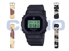 El Casio x Undefeated G-Shock DWE-5600UD-1, con la correa de camuflaje desértico (izquierda) y la de camuflaje forestal (derecha). (Fuente de la imagen: Casio)