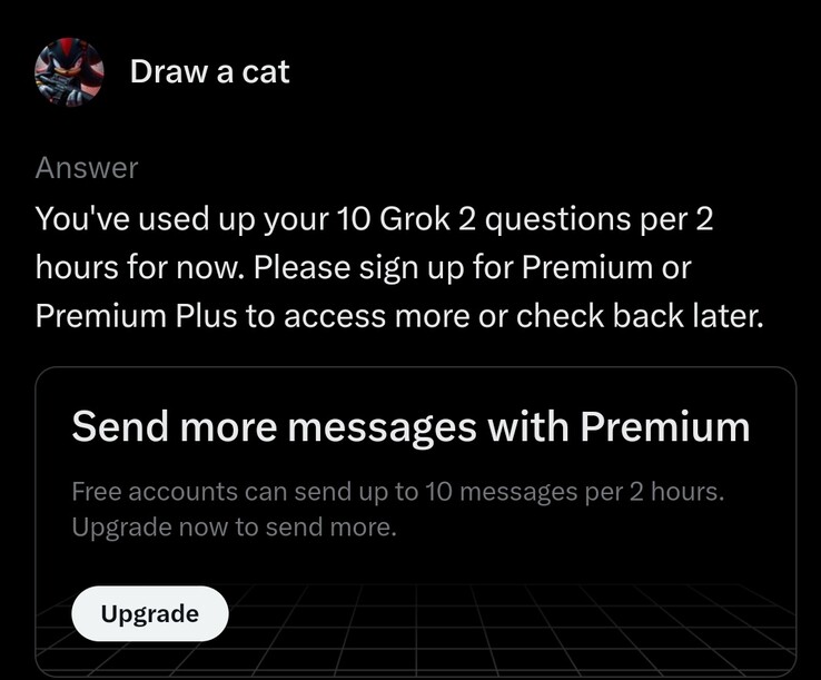 El nivel gratuito de Grok le permite hacer 10 preguntas cada 2 horas. (Fuente de la imagen: plataforma X)