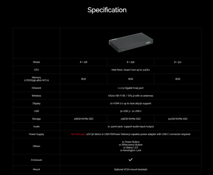 La hoja de especificaciones completa del mini PC Palmshell SLiM X4L. (Fuente de la imagen: Palmshell)