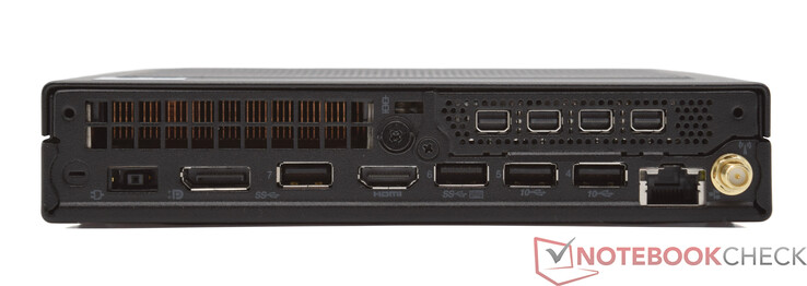 Panel trasero: Conector de alimentación, DisplayPort 1.4, 2x 3.2 Gen-1 (5 GBit/s), HDMI 2.1 TMDS, 2x 3.2 Gen-2 (10 GBit/s), 10/100/1000 MBit (Intel I219-LM), 4x Mini DisplayPort 1.4a (Nvidia T1000), antena WLAN