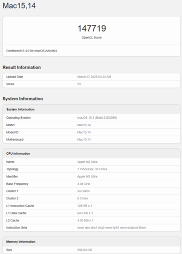 Apple Puntuación GPU OpenCL del M3 Ultra en Geekbench (imagen puntuación Geekbench)