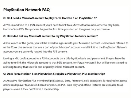 Preguntas frecuentes sobre la cuenta PSN de Forza Horizon 5 (Fuente de la imagen: sitio de asistencia de Forza Horizon 5)