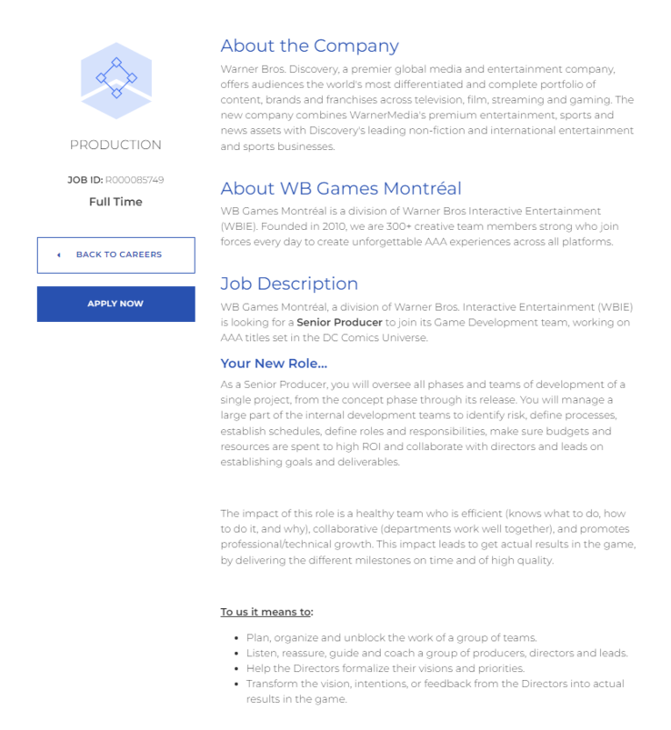 La lista completa de empleos en la página web de WB Games Montréal. (Fuente de la imagen: WB Games Montréal Jobs)