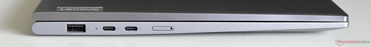 Izquierda: USB-A 3.2 Gen 1 (5 Gbit/s, siempre activo), 2x USB-C 4.0 con Thunderbolt 4 (40 Gbit/s, DisplayPort 2.1, Power Delivery 3.0), tarjeta Nano SIM