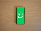 Un smartphone sobre un escritorio de madera en el que se ve la pantalla de inicio verde de WhatsApp con su logotipo.